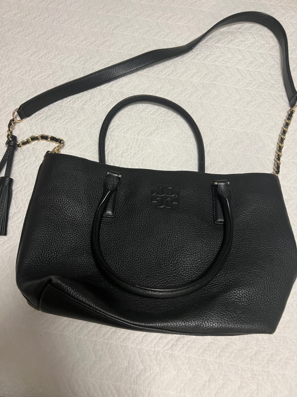 Tory Burch Black Pebbled Leather Satchel with Gold Chain Strap